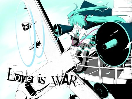 Love is War - cute, vocaloid, thighhighs, anime, twintails, girl, white, long hair, skirt, tie, sexy, plane, blue eyes, koi wa sensou, hatsune miku, blue hair