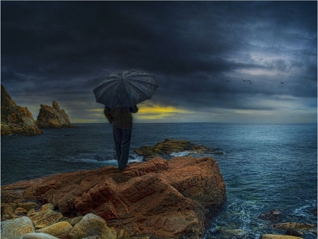 Alone with my world - alone, umbrella, man, sea, world, rocks