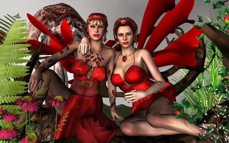 Red Fairy Sisters - woman, girl, female, fantasy, daz3d