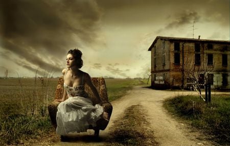 Looking for the limits - pretty, female, eyes, dress, home, dark, flowers, armchair, face, sky, storm, clouds, house, beautiful, photography, girl, road, flower, darkness, fantasy, woman