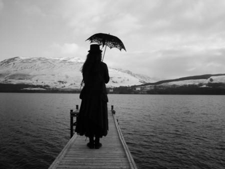 The Lady On The Jetty - lake, female, goth, mountains, black, snow, gothic girl, scotland, loch