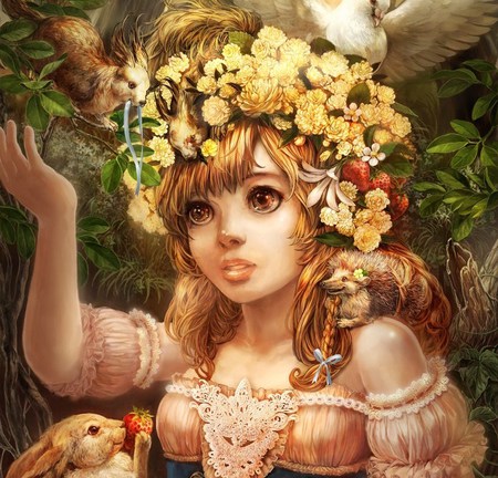 dream of spring - nature, girl, animals, flowers, fantasy, spring