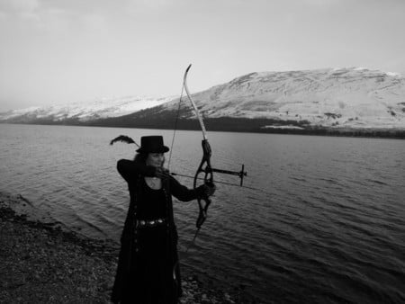 The Archer pt 2 - lake, female, archery, goth, mountains, black, snow, gothic girl, scotland, loch