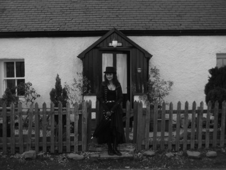 Home Again - cottage, lake, female, goth, mountains, black, snow, gothic girl, house, scotland, loch