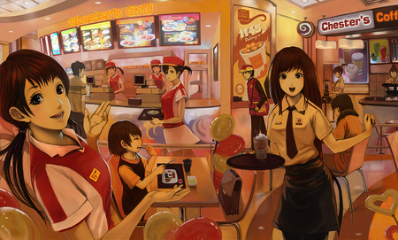 Chester's World - girls, female, hot, people, waitress, anime girl, working, children, table, anime, food, house, cute, male, kid, sexy, drink, worker, girl, food stall, work, shop, stall, outlet, restaurant, fast food, boy, snack