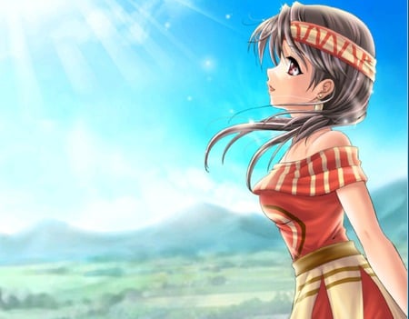 Roca - hill, anime, anime girl, female, hot, indian, girl, landscape, scene, scenic, light, mountain, red indian, cute, sexy, sky