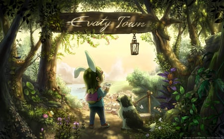 Welcome to Evaty Town - female, anime girl, bunny, fantasy, rabbit, lantern, dog, anime, plant, house, tree, cute, building, ear, puppy, girl, sign, bird, sign board, nest, town, woods, forest, city, animal, flower