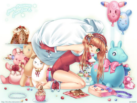 It's So Heavy - anime, female, food, cookie, cake, snack, anime girl, hot, balloon, girl, chocolate, sweet, toy, fantasy, cute, sexy, candy