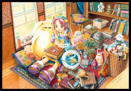 Anime Friends - flower, book, anime, anime girl, girl, furniture, toy, fantasy, room, female, house