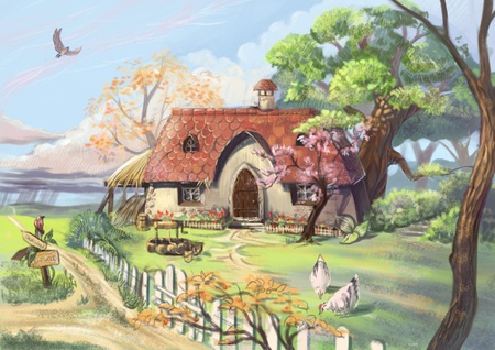 Anime Cottage - cottage, countryside, fantasy, paint, painting, art, anime, tree, house, scene, building, scenic, landscape, drawing, bird, village, chicken, draw, animal