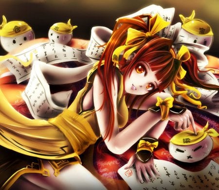 ZJ01 - word, hot, female, magic, anime girl, fantasy, yellow, anime, oriental, cute, sexy, girl, write, scroll, writing, chinese, words