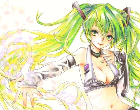 Miku - hatsune miku, black bra, sexy, girl, twintails, long hair, green eyes, vocaloid, anime, cute, green hair