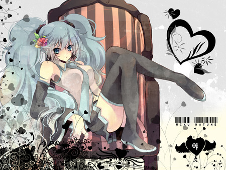 Miku - hatsune miku, sexy, girl, twintails, blue eyes, long hair, rose, blue hair, vocaloid, anime, blush, cute, flower