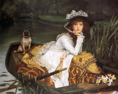 Lady in waiting - woman, paddle, hat, water, white dress, dog, flowers, grass, boat