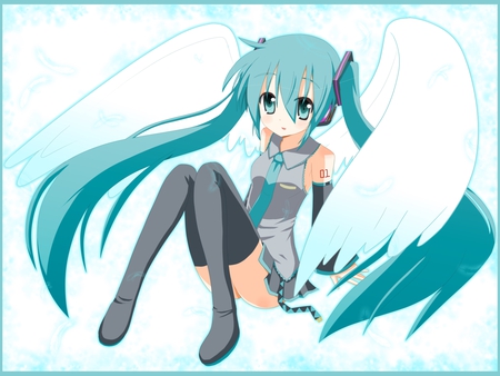 Miku - hatsune miku, sexy, angel, girl, twintails, blue eyes, long hair, wings, blue hair, vocaloid, anime, blush, cute