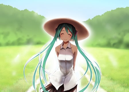 Miku - hatsune miku, sexy, hat, girl, twintails, long hair, summer, field, blue hair, vocaloid, anime, cute