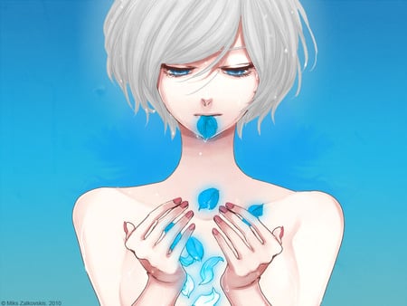 Meiko - sexy, girl, blye eyes, meiko, vocaloid, anime, short hair, blue petals, cute, white hair