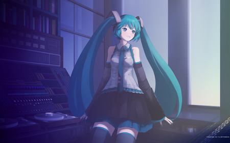 Miku - hatsune miku, sexy, girl, twintails, blue eyes, long hair, studio, blue hair, evening, vocaloid, anime, blush, cute