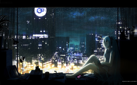 Rainy night - anime, vocaloid, twintails, window, girl, hatsune miku, night, long hair, blue hair, rain, cute, sexy, blue eyes