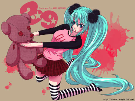 Miku - hatsune miku, sexy, girl, twintails, blue eyes, long hair, blue hair, vocaloid, anime, blush, teddy, cute