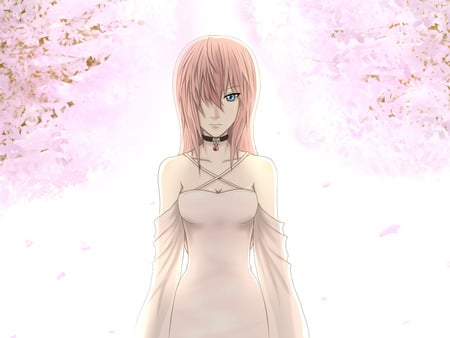 Luka - kagamine luka, sexy, girl, blue eyes, long hair, pink hair, white dress, sakura, vocaloid, blossom, anime, cute