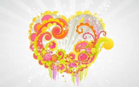 Love heart - swirls, yellow, pink, flowers, birds