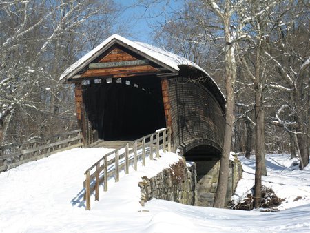 Humpback Bridge in Winter Snow - bridges, covered bridges, va, snow scenes, covington