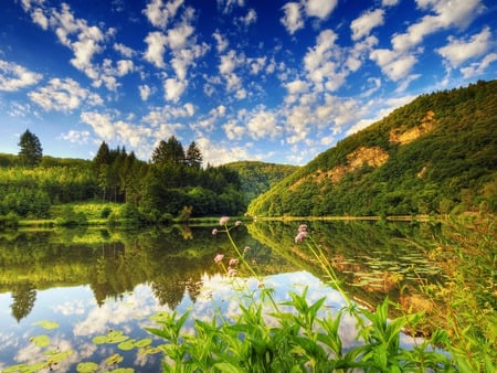 Breathtaking Landscape - fantastic, lagoon, rivers, flowers, land, plants, nice, sunrises, beauty, mounts, nature, green, lakes, reflections, blue, amazing, landscape, gourgeous, sunsets, sensacional, leaves, dawn, mirror, sky, clouds, trees, water, beautiful, reflected, cool, orange, superb, awesome, breathtaking, mountains