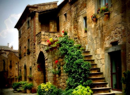 Old Town - greenery, stone, foilage, brick, steps, stairs, villa, plants, italy