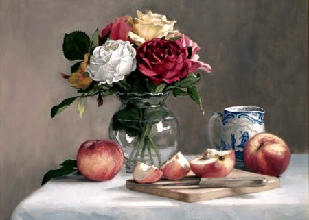 Peachy Keen - pitcher, vase, roses, tablecloth, cutting board, table, still life, knife, art, peaches