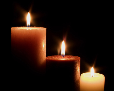 Trio Of Candles - photography, candles, light, shine, black, glow, three, trio, abstract, yellow, red, orange