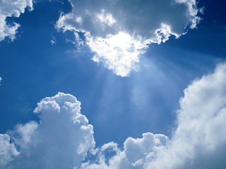 Heaven27s Rays .jpg - sunshine, fluffy clouds, blue, sky