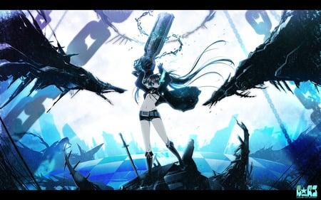 Black rock shooter character - anime, vocaloid, twintails, gun, girl, hatsune miku, long hair, black rock shooter, black hair, cute, character, sexy, blue eyes