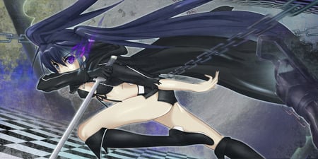 Black rock shooter character - anime, vocaloid, twintails, girl, hatsune miku, long hair, black rock shooter, chains, black hair, violet eyes, cute, character, sexy