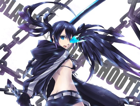 Black rock shooter character - hatsune miku, sexy, girl, twintails, blue eyes, long hair, black hair, chains, vocaloid, anime, cute, character, black rock shooter