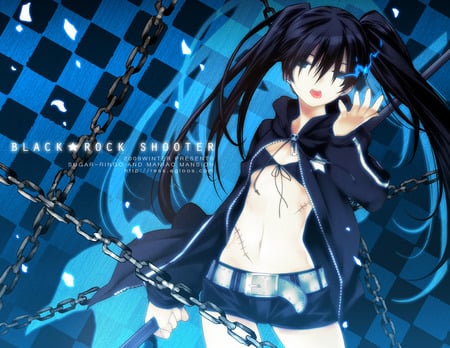 Black rock shooter character - hatsune miku, sexy, girl, twintails, blue eyes, long hair, black hair, vocaloid, anime, cute, character, black rock shooter