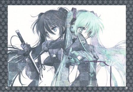 Black rock shooter character & Miku - anime, vocaloid, twintails, girl, hatsune miku, long hair, black rock shooter, blue hair, black hair, cute, character, sexy, blue eyes