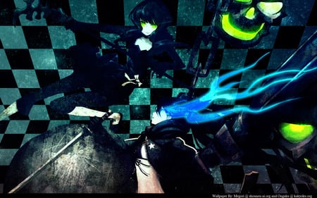 Black rock shooter character - scythe, anime, vocaloid, twintails, dead master, girl, sword, hatsune miku, long hair, black rock shooter, black hair, cute, character, sexy, blue eyes