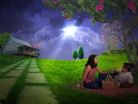 Time together - clouds, house, sunlight, trees, pinic, grass, man, flowers, basket, blanket, woman, field, couple, pathway