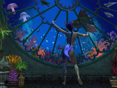 ~Amazing View~ - girl, aquarium, jellyfish, colorful, fantasy, fish tank, bubbles, tattoo, coral, dolphins, fish