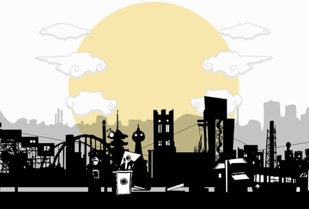 twilight sun city - white, sky, silhouette, vector, clouds, sun, city, vectorial