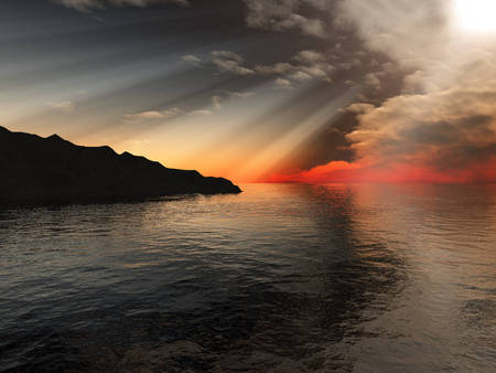 Dreamland - rays, lake, ocean, red, light, sunset