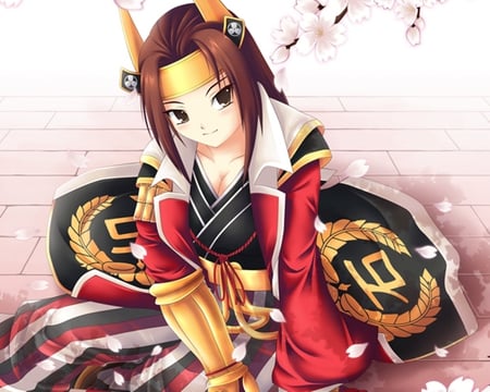 Ishida Mitsunari - flower, cute, hot, sakura, anime, sit, anime girl, girl, sitting, cherry blossom, sexy, female, kimono