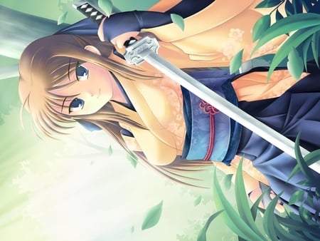 Osora Haruka - anime, anime girl, female, hot, girl, sword, kimono, forest, bamboo, blade, ninja, green, katana, cute, sexy