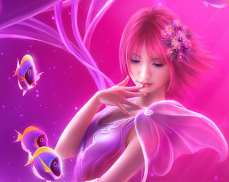 Fish Maiden - pretty, anime, magic, female, pink, animal, nice, women, anime girl, water, beautiful, hot, girl, beauty, flower, fantasy, lady, woman, underwater, cute, sexy, fish