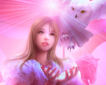 The Blessing - sexy, hot, girl, female, light, magic, wings, anime girl, fantasy, bird, wing, anime, animal, owl, cute