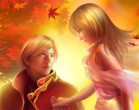 My Dear - lover, female, hot, magic, anime girl, leaf, fantasy, fall, yellow, anime, cute, male, love, sexy, couple, girl, light, leave, gold, maple, boy