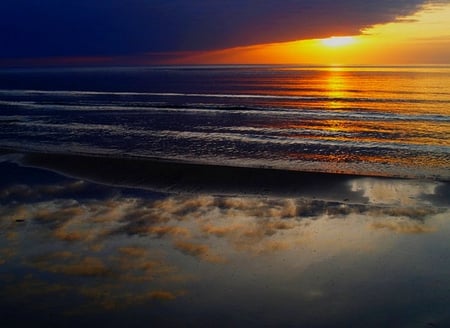 WASHING AWAY THE CLOUDS - reflection, tiny waves, beach, orange sky, sunset, dawn, ashore