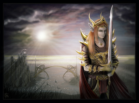 Fantasy warrior - moon, woman, sky, female, girl, light, night, sunset, dark, clouds, sword, sunrise