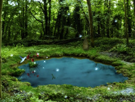 Magic pond - flowers, fantasy, birds, nature, butterfly, forest, flower